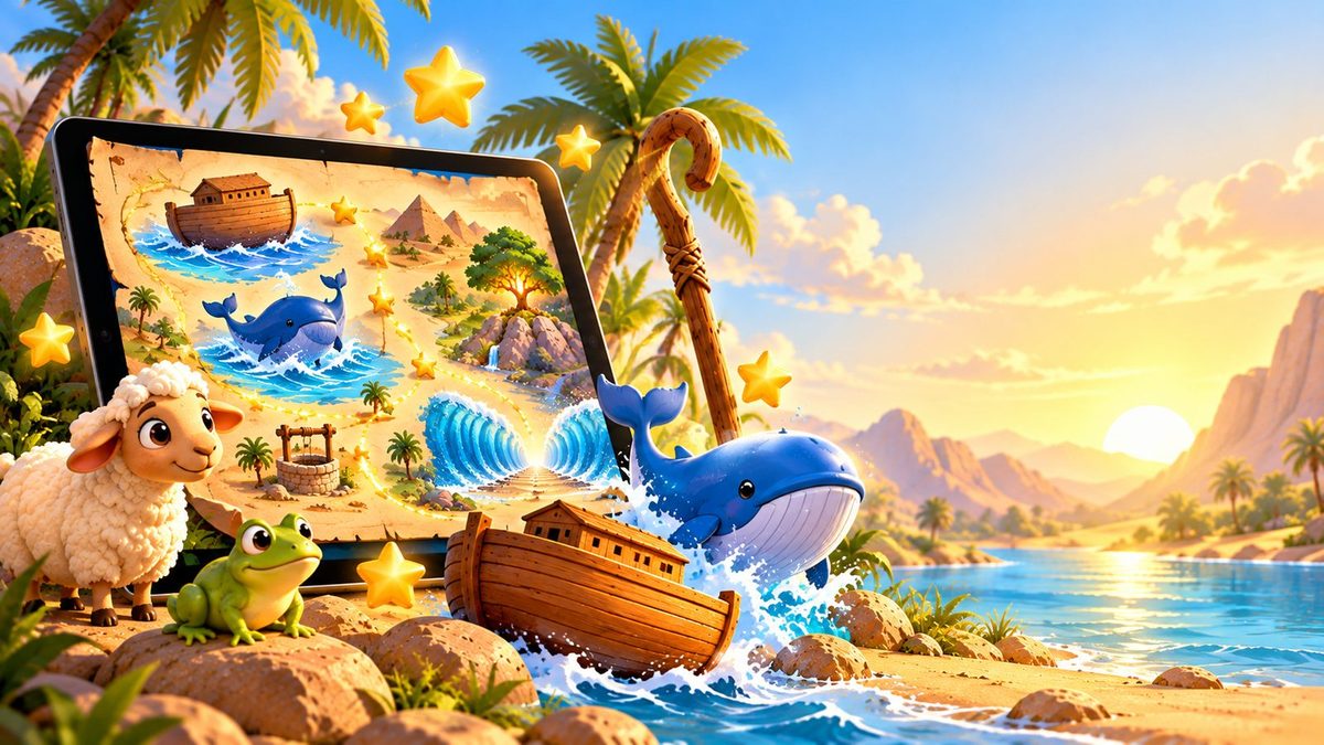 Les prophètes racontés aux enfants — une tablette posée dans un paysage de dunes, avec une barque, une baleine, un mouton et une grenouille.